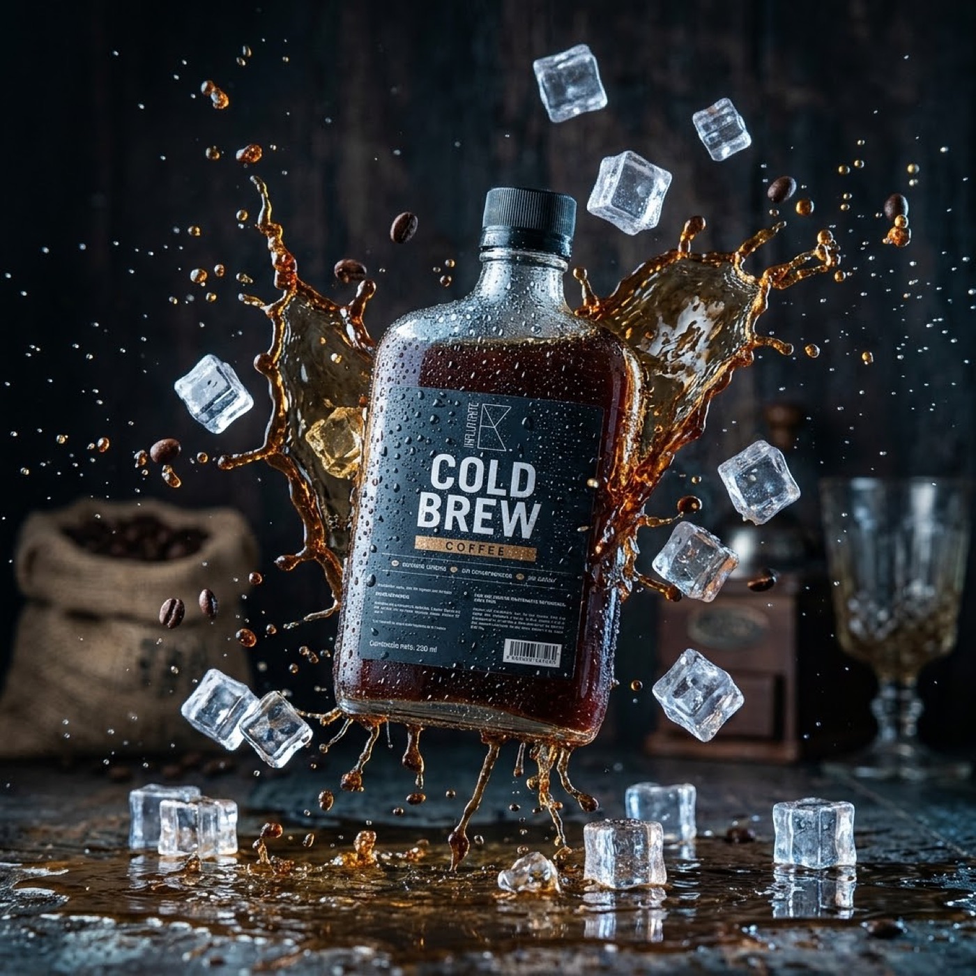Botella INFLUYENTE Cold Brew Coffee con salpicadura de café y hielos