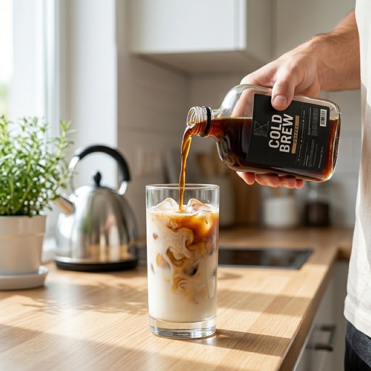 Cold brew INFLUYENTE servido sobre leche con hielo