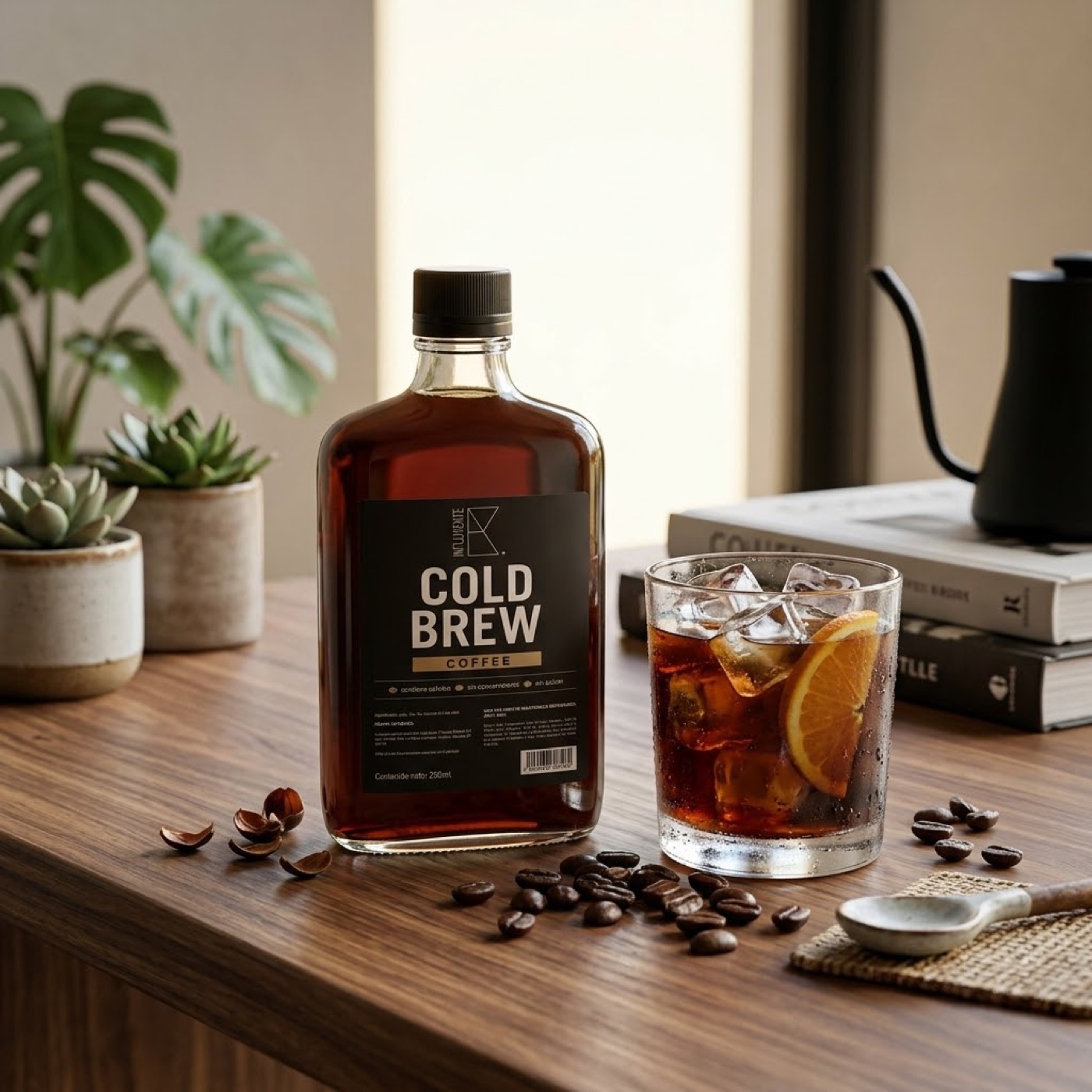 Botella INFLUYENTE con vaso de cold brew con hielo